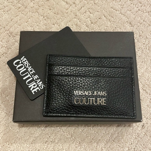 Versace Jeans Couture Range Metal Logo-Plaque Black Grain Leather Cardholder - Picture 2 of 5